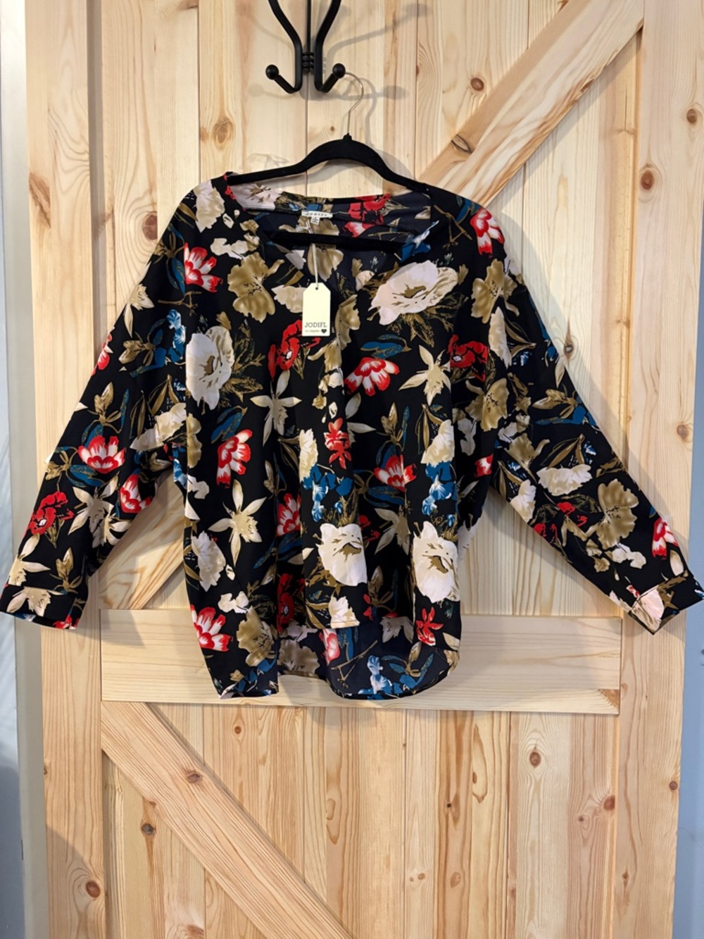 Jodifl Floral Blouse Size S Black Multicolor 3/4 Sleeve Boho Top NWT